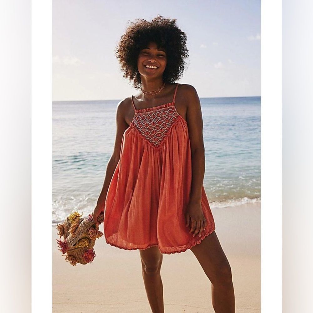 Free People Crystal Cove Smocked Mini Dress Embroidered Cutout NEW
